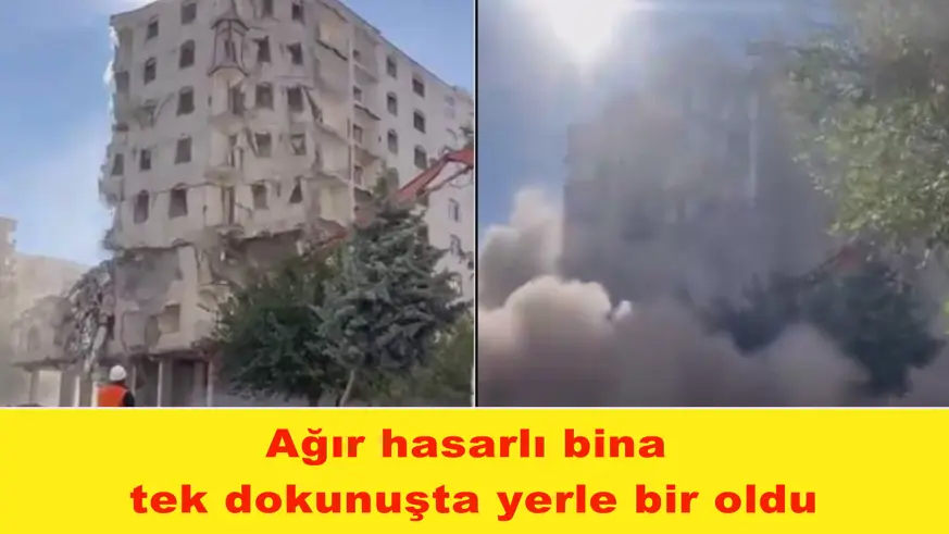 Ağır hasarlı bina tek dokunuşta yerle bir oldu