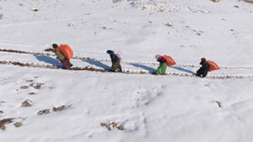 Kadınlar sırtlarında saman taşıyarak kışa meydan okuyor